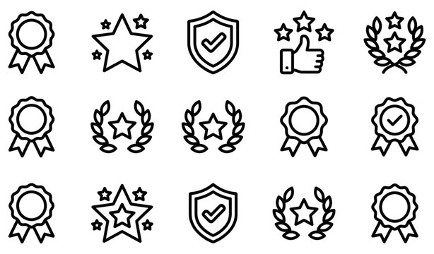 Collection of black linear icons representing awards achievements stars shields and positive feedback on a white background