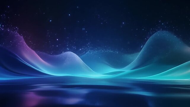 Midnight navy, sapphire and turquoise gradients flow across reflective surface with luminous particles, creating luxury fintech, innovation and technology background with copy space.