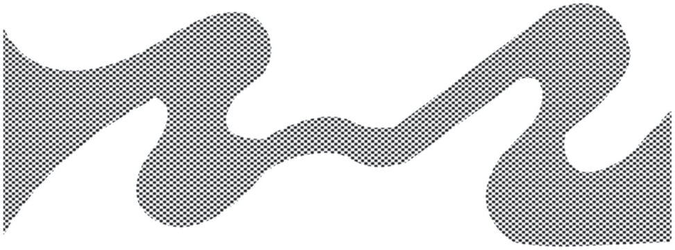 Monochrome halftone dotted illustration, abstract dynamic wave, ribbon pattern. Curved line with halftone effect, flud design. Vector minimalist background. Overlay template. Vector