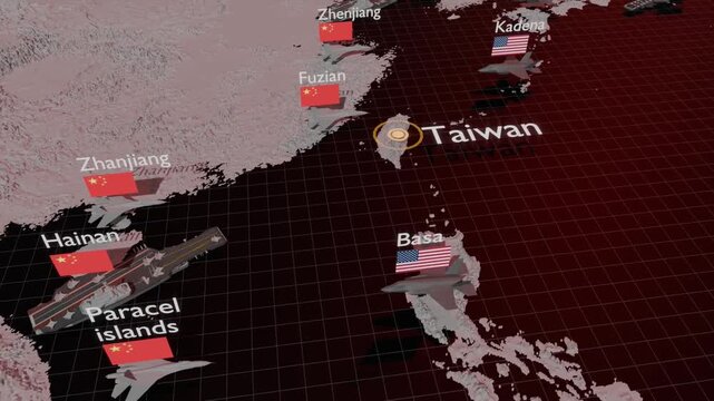US and Chinese military bases around Taiwan. 3D tracking shot. Analysis