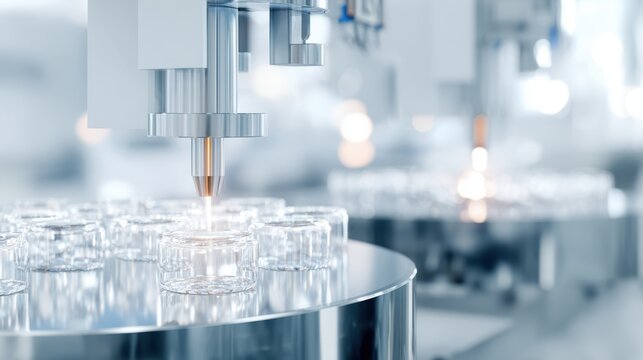 Automated nozzle filling glass vials on rotary production table for pharmaceutical manufacturing and laboratory background design for product presentation