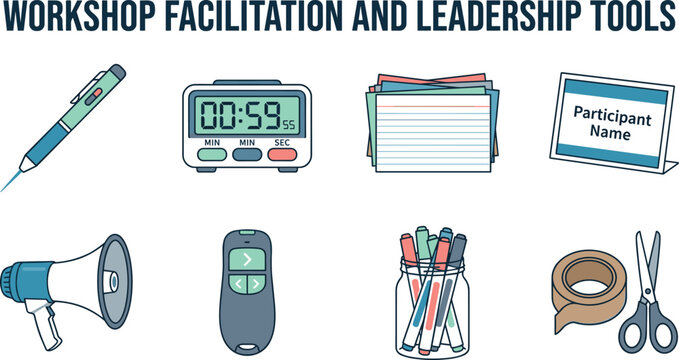 Workshop facilitation and leadership tools training seminar materials vector icon collection set isolated on white background