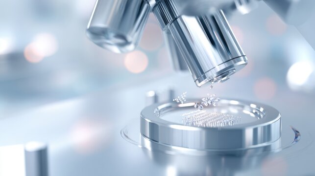 Precision microscope objective analyzing micro crystals on stage for advanced materials testing and laboratory background design for scientific research