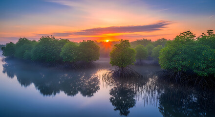 Sunset reflection over calm forest lake © MDNAZIMMIAH