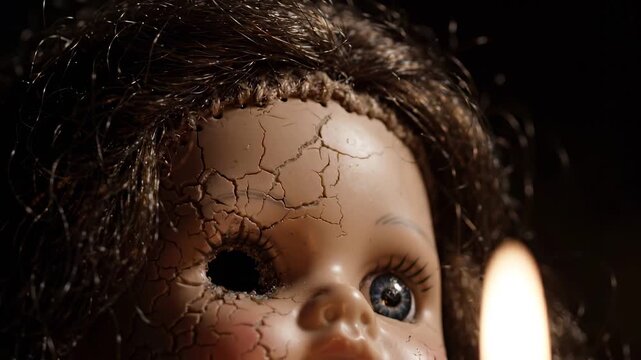 Cracked porcelain doll with missing eye and damaged face illuminated by candlelight, creating an eerie atmosphere in a dark setting