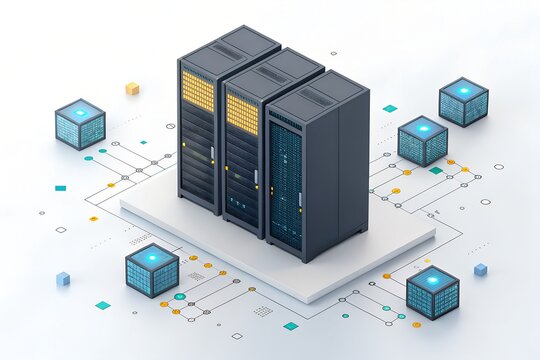 Modern isometric server rack units featuring glowing blue and yellow status lights connected to floating digital data blocks in a clean white environment for advanced cloud computing and network infra