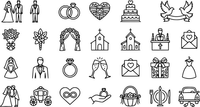 Vector wedding icon set with marriage ceremony symbols bride groom rings and love items.
