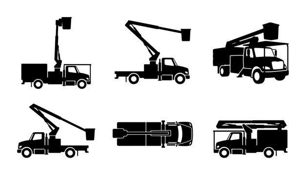 Bucket Truck Icons Set, Aerial Platform Vehicle Silhouettes, Utility Equipment Vector Graphics