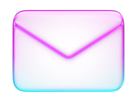 Pastel holographic envelope icon with smooth pink and cyan neon soft gradient. Translucent fluid glossy design element suited for email communication and inbox mail button
