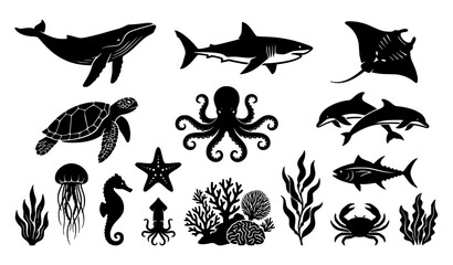 Marine Wildlife Silhouette Icons Vector Set © F a g u n