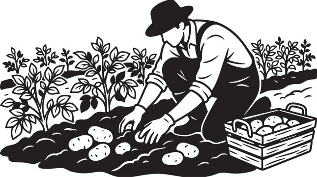 Farmer harvesting fresh potatoes from a field soil row