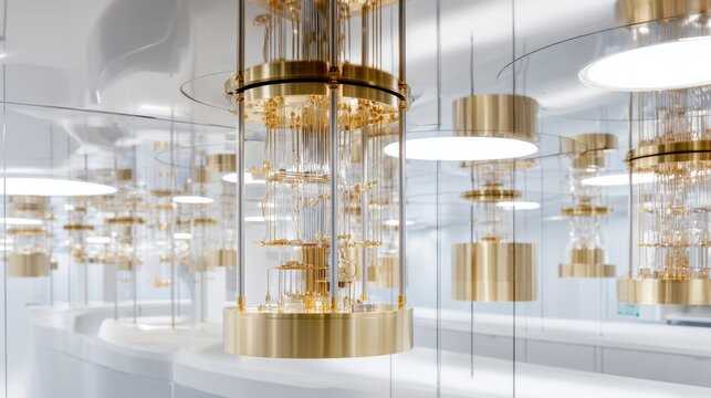 Quantum computer hardware in a clean laboratory interior for technology design background and high tech research concept