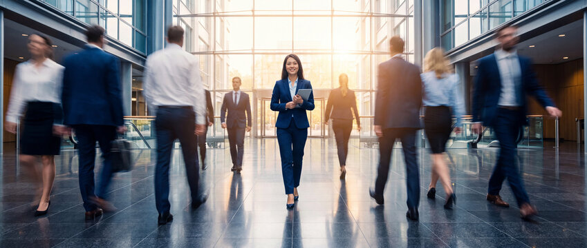 Confident Asian businesswoman walking in office lobby while holding a digital tablet, surrounded by blurred business people in motion, ideal for corporate leadership and teamwork concepts