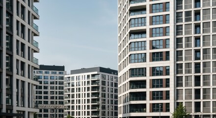 Naklejka premium Modern apartment buildings with windows against a clear blue sky