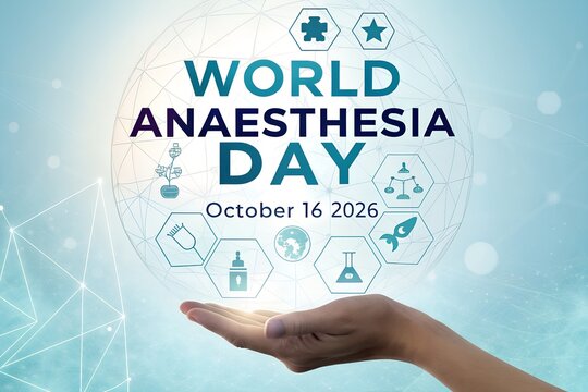 Professional medical hand holding a glowing digital sphere representing world anaesthesia day with intricate science icons and text on a soft blue background to celebrate the global healthcare awarene