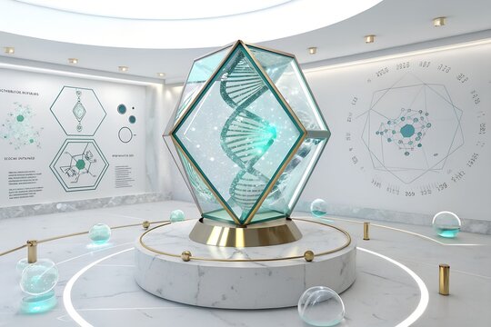 Glowing digital dna helix structure suspended inside a modern geometric glass prism display case sitting on a white marble pedestal in a bright futuristic laboratory environment with soft ambient ligh