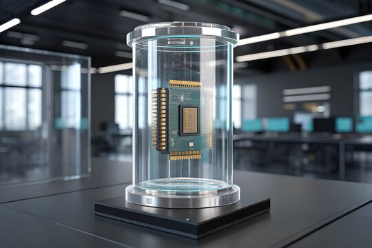Advanced central processing unit hardware component displayed inside a sleek transparent cylindrical glass containment vessel resting upon a dark modern table within a professional high tech laborator
