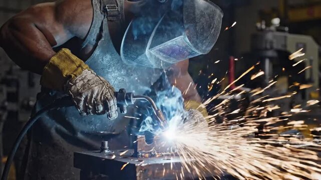 Welder works on metal in workshop at VSRExport with sparks and heat