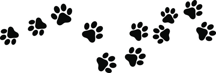 Solid silhouette vector icons of black animal paw prints, pet tracks, dog footsteps, cat trail marks, wild animal walking path elements. © MdNur