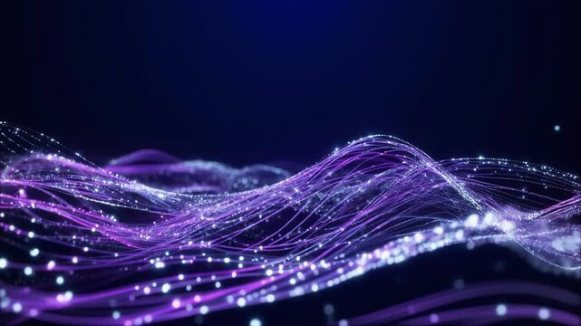 Abstract fiber optic light ribbons carry glowing particles through transparent strands, illustrating cloud computing, high speed data transfer, network connectivity and digital infrastructure with cop