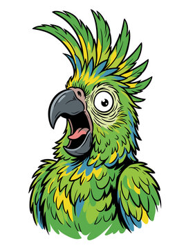 Funny green parrot cartoon character squawking