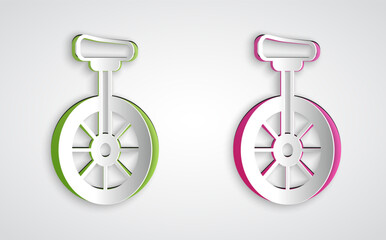Paper cut Unicycle or one wheel bicycle icon isolated on grey background. Monowheel bicycle. Paper art style. Vector © Iryna