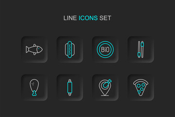 Naklejka premium Set line Slice of pizza, Chicken leg, Rolling pin, Food chopsticks, Banner for bio, Hotdog and Fish icon. Vector