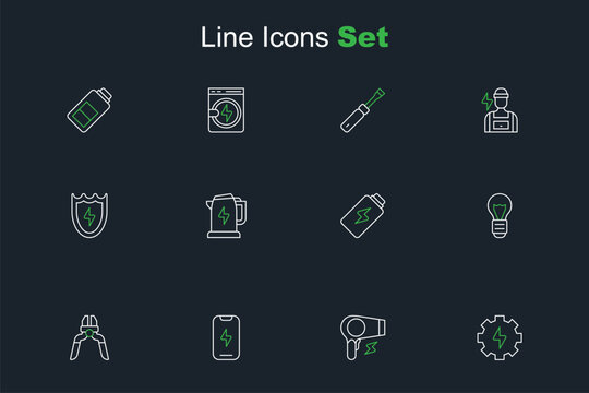 Set line Gear and lightning, Hair dryer, Mobile phone, Pliers tool, Creative lamp idea, Battery charge, Electric kettle and Lightning shield icon. Vector