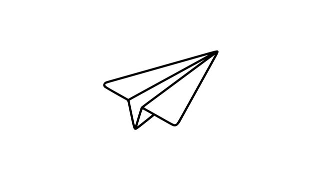A clean black and white line art vector icon of a streamlined paper airplane glider ascending, ideal for startup launch, send action, or creative direction visuals.