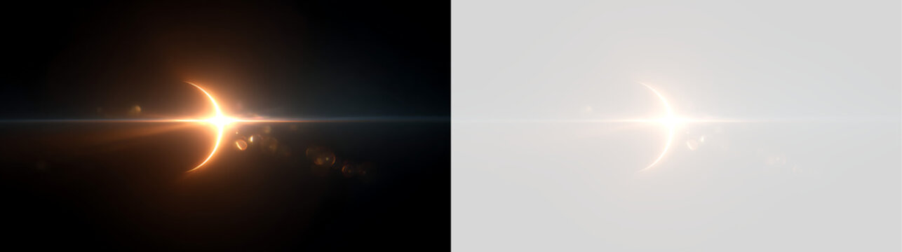Bright golden lens flare with glowing crescent and bokeh artifacts. Abstract light effect on black and transparent backgrounds