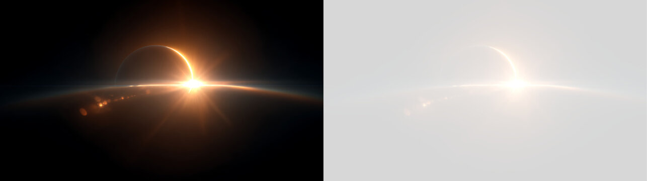 Cosmic golden light effect with glowing ring and bright flash on black and transparent background. Solar eclipse lens flare overlay element
