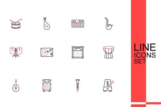 Set line Metronome with pendulum, Clarinet, Stereo speaker, Mandolin, African darbuka drum, Guitar amplifier, Vinyl player vinyl disk and Conga drums icon. Vector
