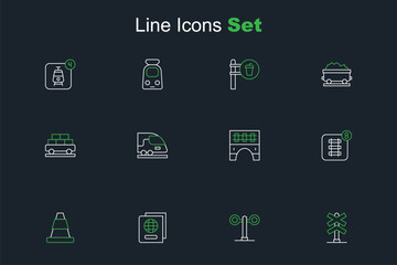Fototapeta premium Set line Railroad crossing, Train traffic light, Passport, Traffic cone, Online ticket booking, Bridge for train, High-speed and Cargo wagon icon. Vector
