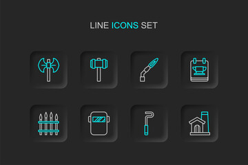Fototapeta premium Set line Smithy workshop interior, Fire poker, Welding mask, Classic iron fence, Blacksmith anvil tool, torch, Sledgehammer and Medieval poleaxe icon. Vector