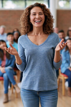 Empowered Senior Woman Leading Engaging Discussion in Airy Conference Room, Exuding Confidence and Authority