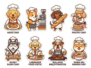 Obraz premium Adorable collection of kawaii dog chefs, each mastering diverse culinary arts, from sushi and baking to BBQ and ramen, presented as charming sticker illustrations