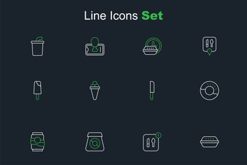 Fototapeta premium Set line Lunch box, Food ordering, Online food, Soda can, Donut, Knife, Ice cream waffle and icon. Vector