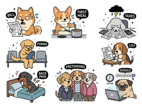 Kawaii cartoon dogs depicting human-like everyday challenges and relatable emotions, a charming collection of cute pet characters on a white backdrop