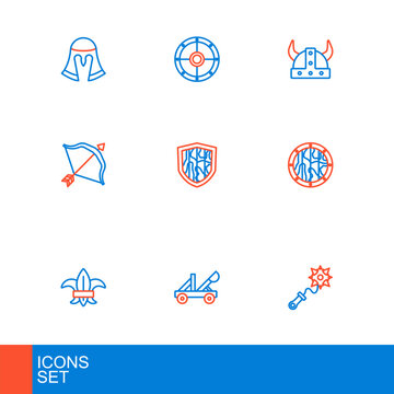 Set line Mace with spikes, Medieval catapult, Fleur de lys or lily flower, Round wooden shield, bow and arrow, Shield, Viking in horned helmet and icon. Vector