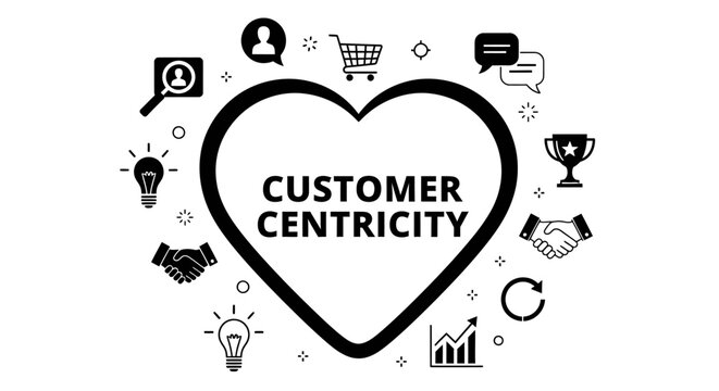 Customer centricity concept inside a heart shape with business icons like shopping cart, feedback, and teamwork. Minimalist black and white vector design.