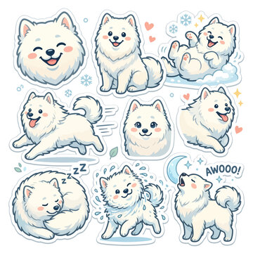 Charming set of kawaii Samoyed dog illustrations, showcasing diverse playful, happy, and serene expressions, ideal for cheerful pet-themed designs and projects