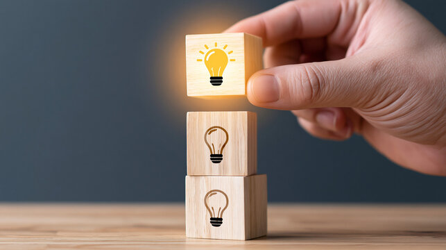 Close up of hand reaching for top wooden block with shining idea icon.
