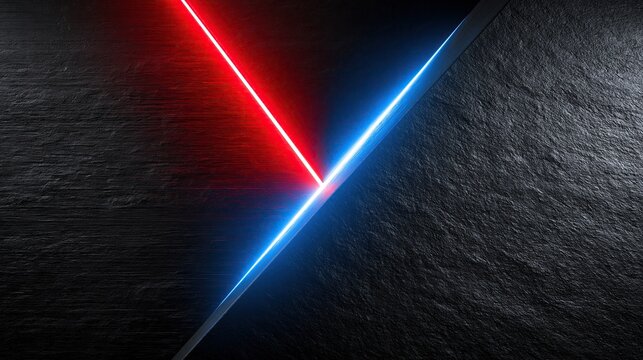 Abstract geometric composition with glowing sharp red and blue neon light lines forming a triangle against textured dark stone background for modern futuristic design projects
