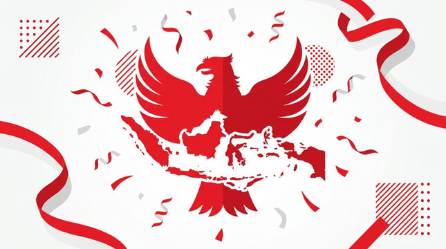 Indonesia Independence Day Vector Illustration with Garuda Pancasila Emblem and Indonesian Archipelago Map in Red and White Colors on White Background
