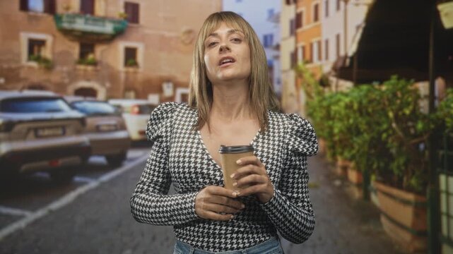 Woman holding takeaway coffee cup with both hands on cobblestone street in a european alley; calm confidence.