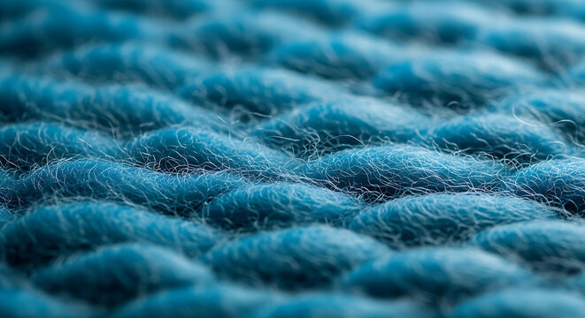 Soft blue wool texture of a hand knitted fabric close up showing fuzzy yarn fibers
