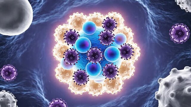 Digital Illustration of Virus Interacting with Immune Cells in Vibrant Colorful Microscopic Background for Healthcare and Scientific Concepts