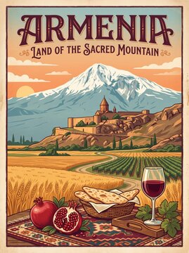 Armenia travel poster, mount ararat khor virap monastery, vineyard wheat field pomegranate lavash wine. Sacred mountain illustration