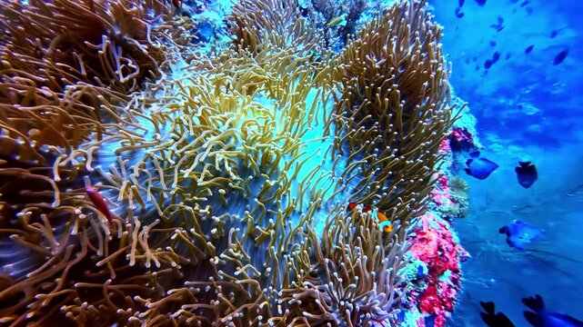 Close-up of clownfish swimming through a large sea anemone on a colorful tropical coral reef. Vibrant underwater footage with blue copy space for marine and ocean themed designs.