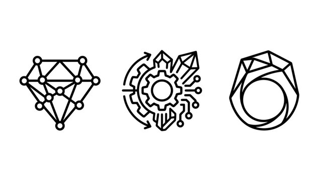 Diamond industrial process icons set: engineering design manufacturing optimization jewelry craftsmanship with industry manufacturing engineering gemstone optimization technology production